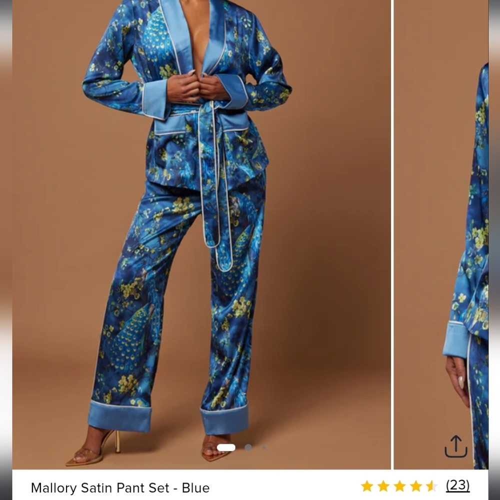 Blue Satin Pant Set with Floral Design